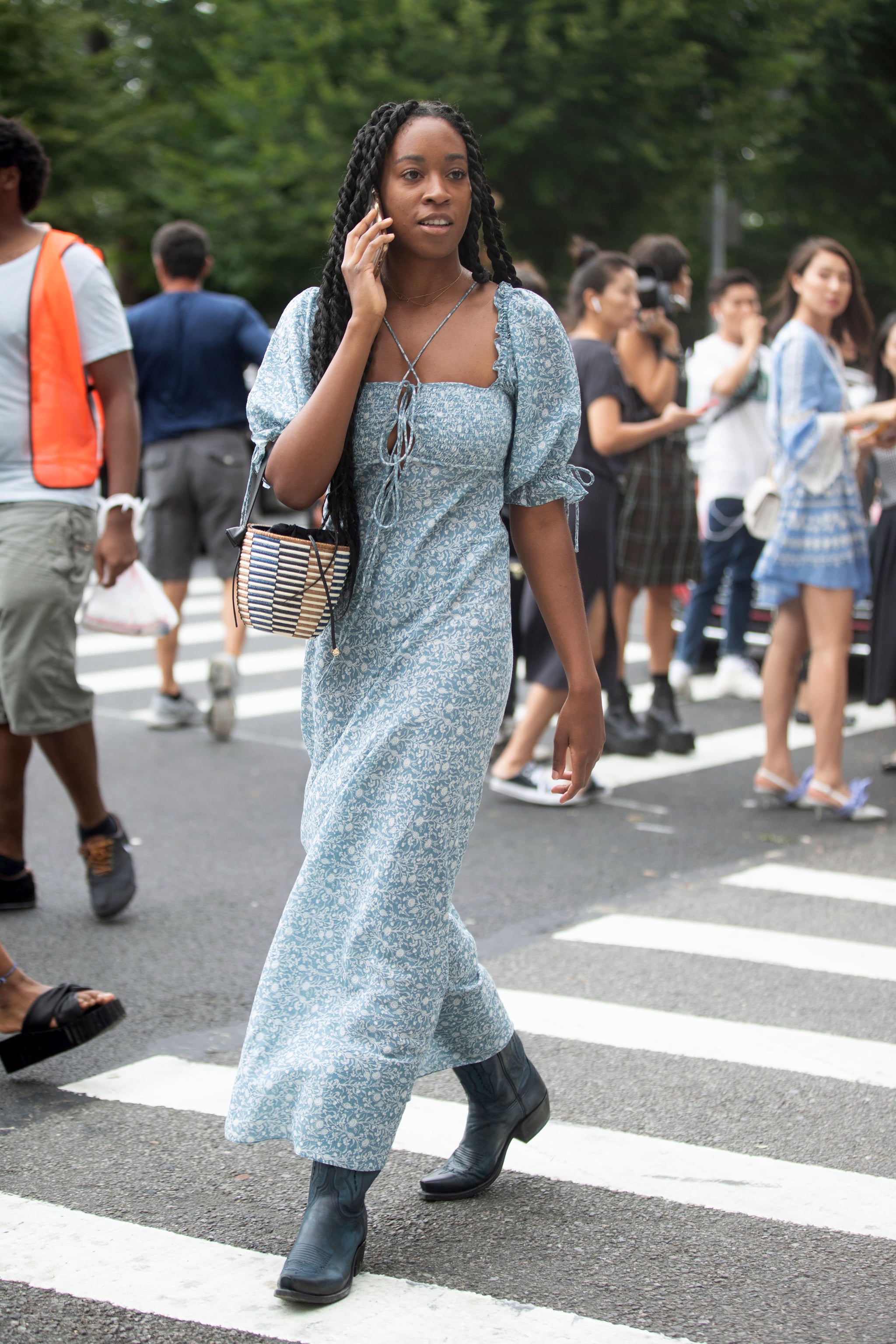 puff-sleeve dress with cowboy boots 