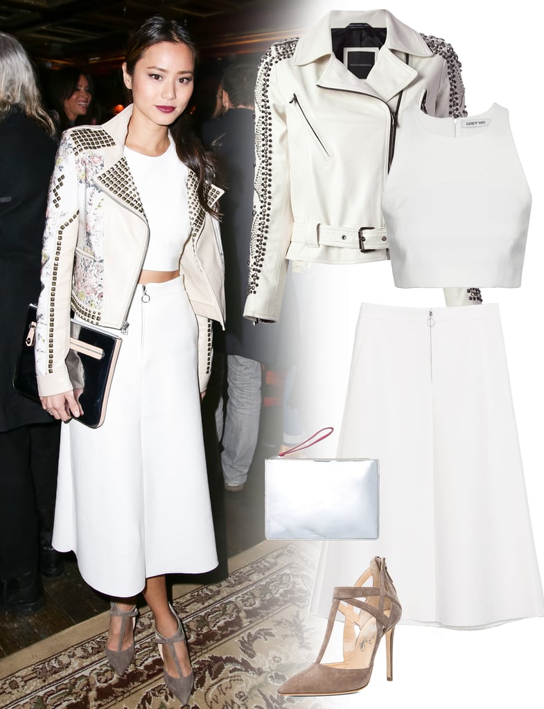 Jamie Chung White Midi Skirt and Crop Top Outfit