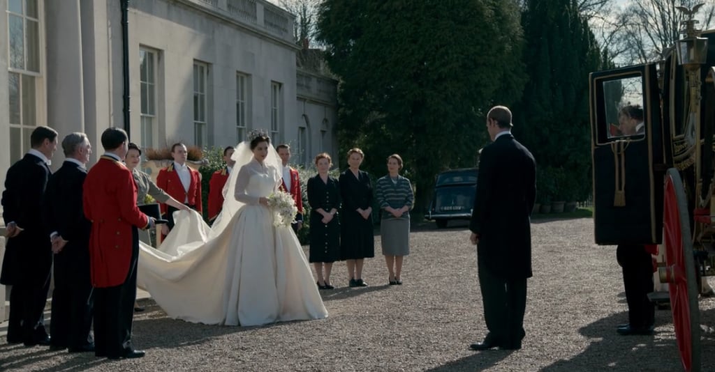 Princess Margaret (Vanessa Kirby) walks out to greet Prince Philip (Matt Smith).