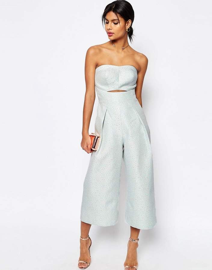 Asos Premium Bandeau Jumpsuit In Jacquard With Cutout Front