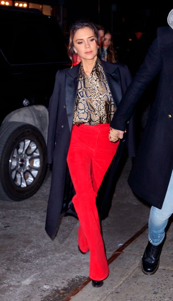 Victoria Beckham Red Pants and Snakeskin Blouse January 2019