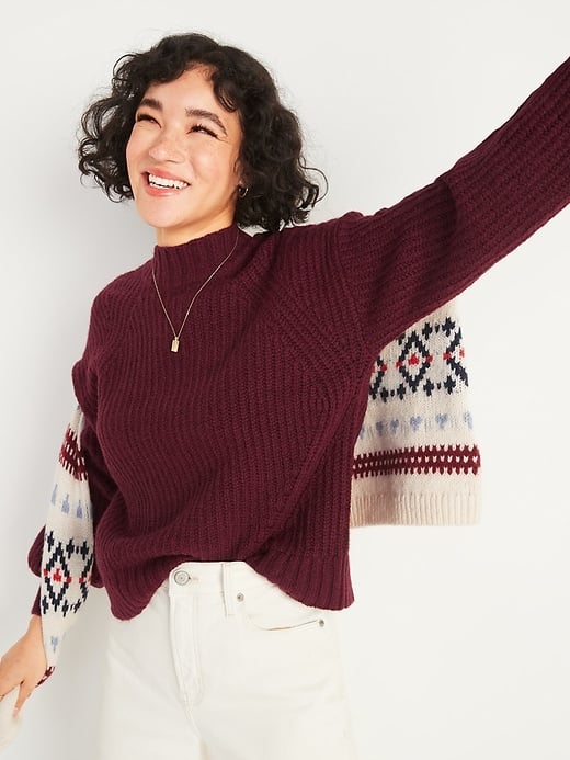 Cozy Shaker-Stitch Mock-Neck Sweater