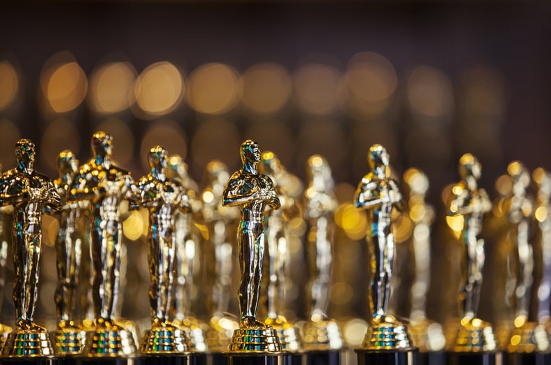 Large group of Clone/Fake golden award statues in a shop for sale in Hollywood, USA