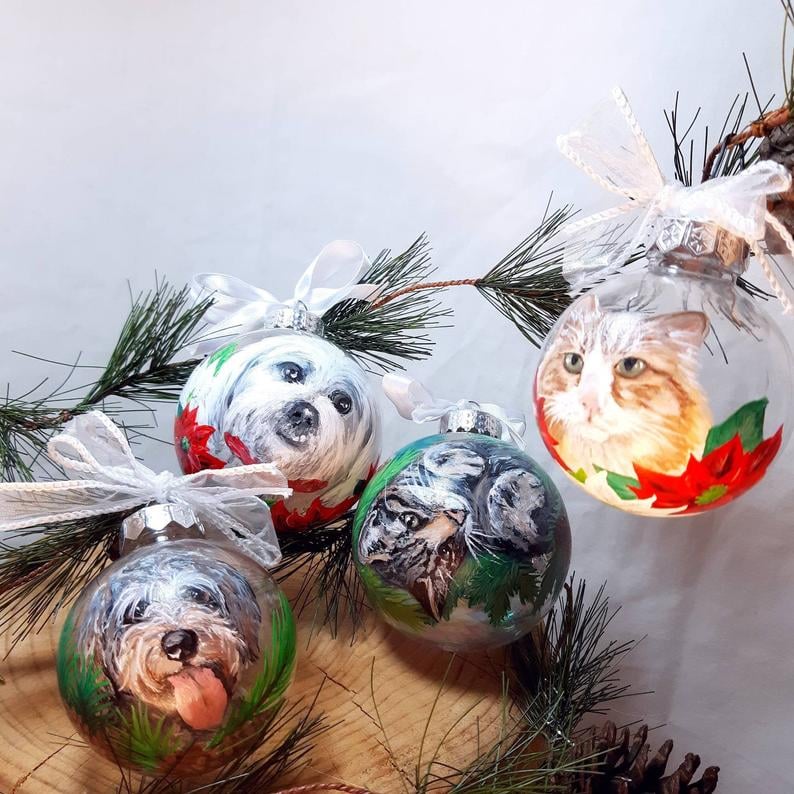 Custom Pet Portrait Ornament, Hand Painted Christmas Ball