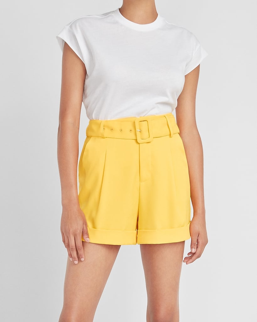 Express Ladygang High Waisted Yellow Belted Shorts