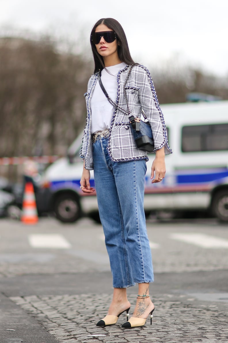 A Tweed Jacket, a White Tee, and High-Waisted Jeans