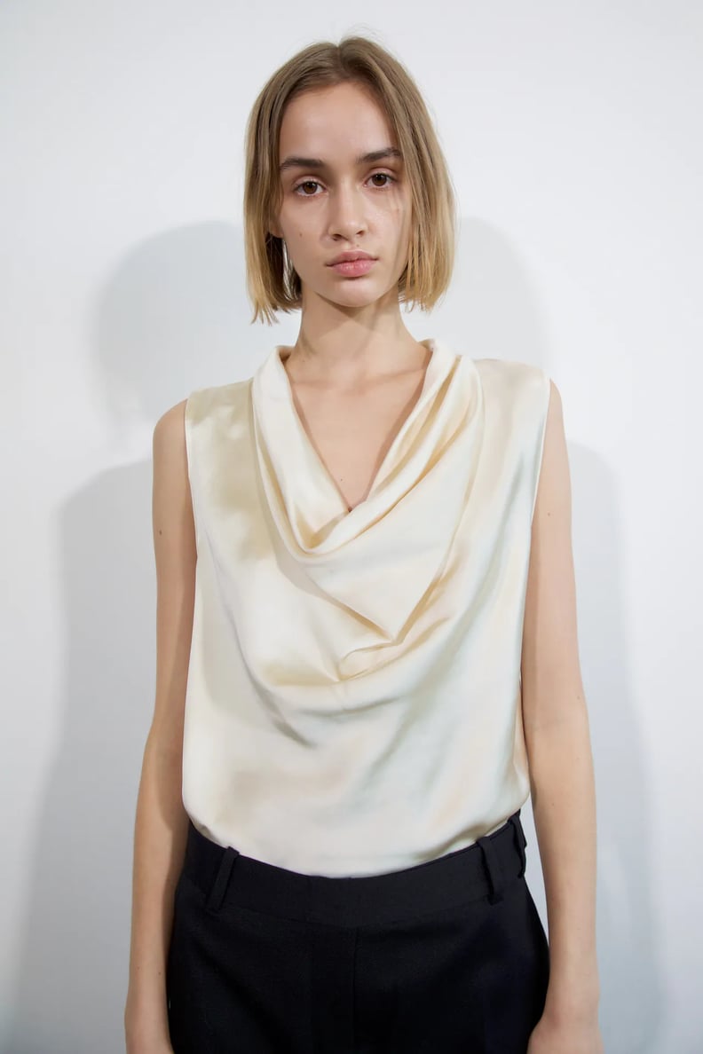 A Day-to-Night Piece: Fluid Neckline Satin Effect Top