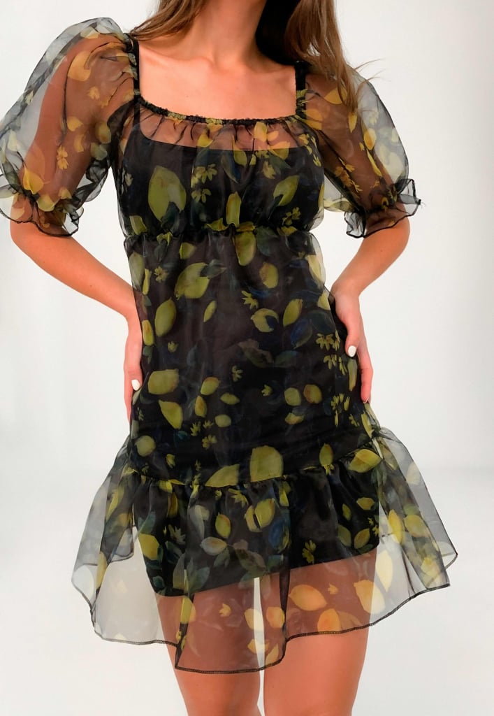 Missguided Black Lemon Print Organza Tiered Smock Dress