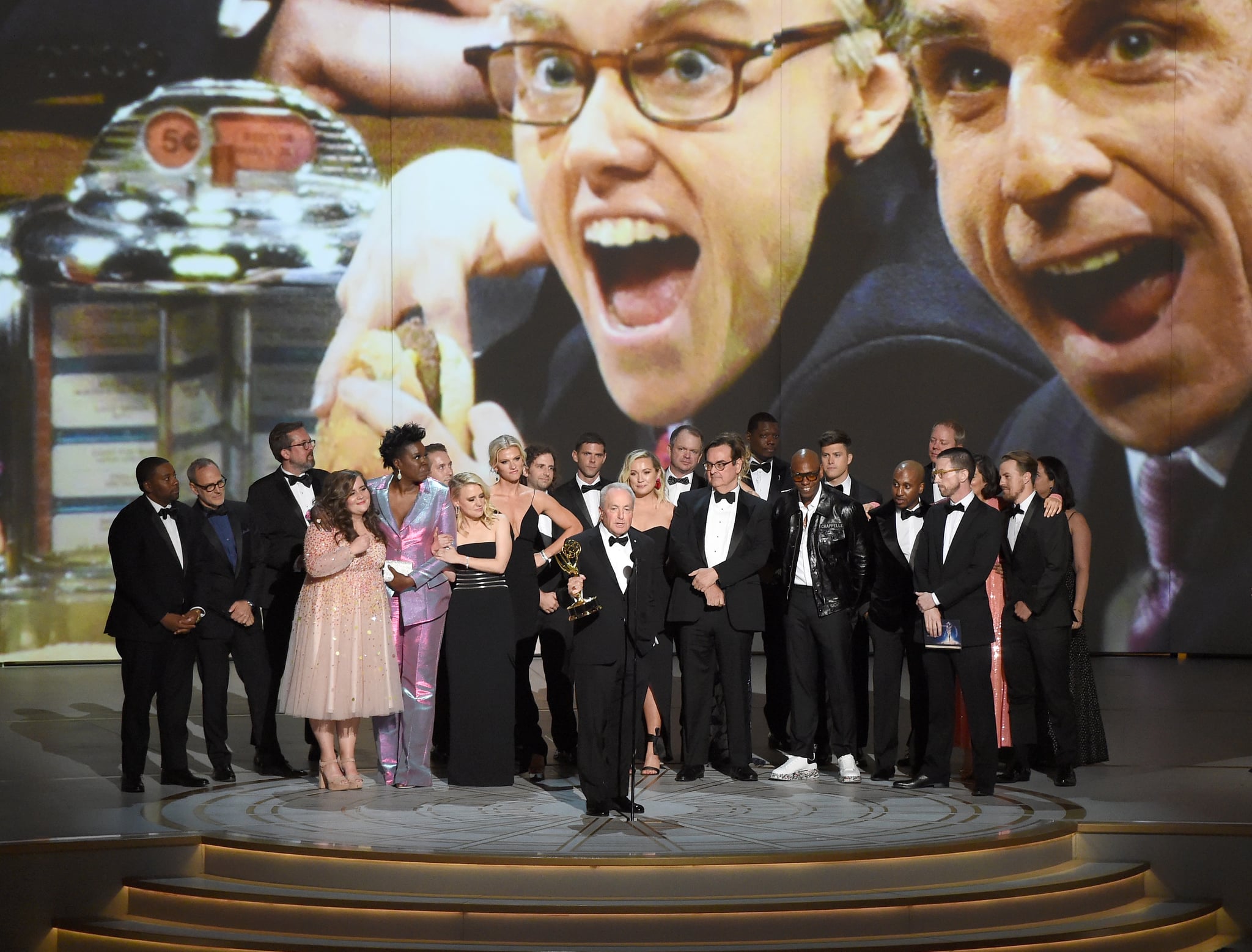 LOS ANGELES, CA - SEPTEMBER 17:  Lorne Michaels (C) and cast and crew accepts the Outstanding Variety Sketch Series award for 'Saturday Night Live' onstage during the 70th Emmy Awards at Microsoft Theatre on September 17, 2018 in Los Angeles, California.  (Photo by Kevin Winter/Getty Images)