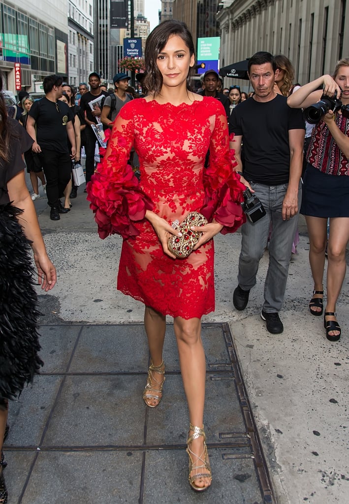 Nina Dobrev's Red Marchesa Dress at Fashion Week | POPSUGAR Fashion