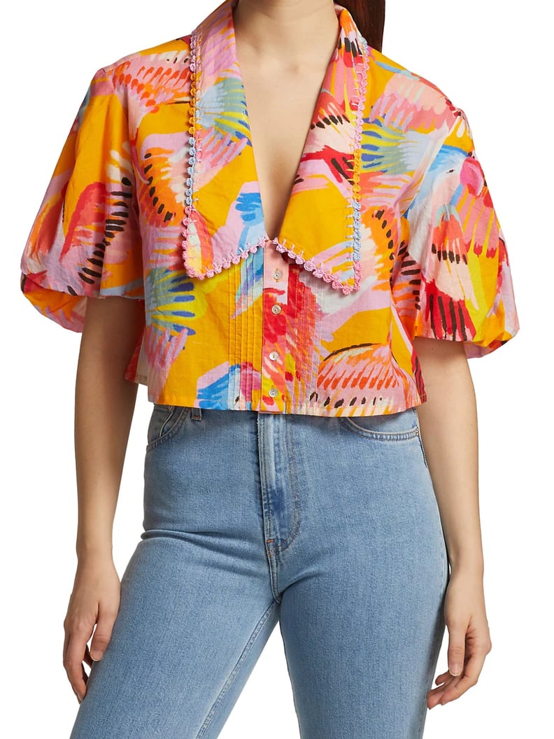 Farm Rio Neon Macaws Collar Puff-Sleeve Blouse