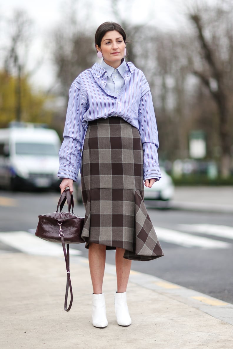 A Striped Button-Down and Checkered Skirt With White Booties