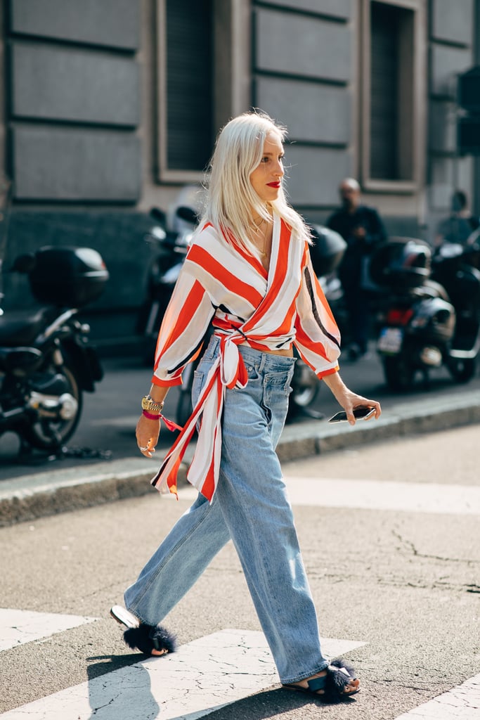 Go For a Boudoir Look With Fluffy Sandals, Loose Jeans, and a Striped Top