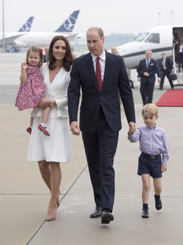 To kick off their five-day tour of Poland and Germany in 2017, William and Kate dressed Charlotte and George in color-coordinated red and blue looks. William also joined in on the fun with his blue suit and red tie.