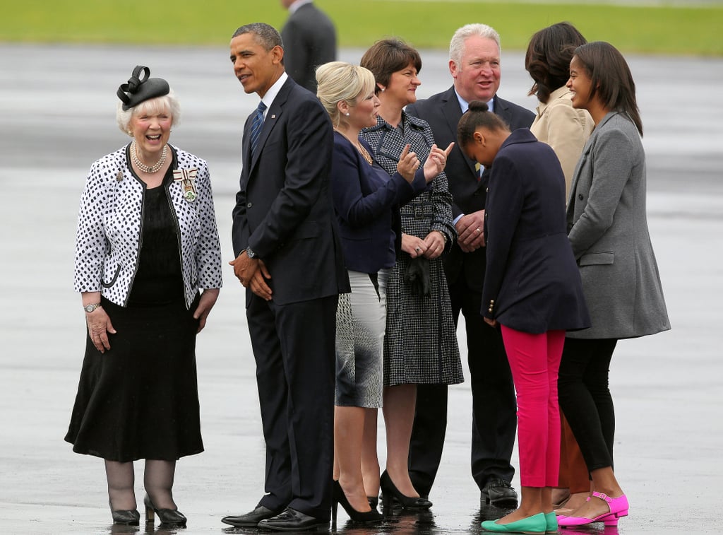 In June 2013, the Obama family was greeted when they arrived in Belfast, Ireland, for the G8 summit.