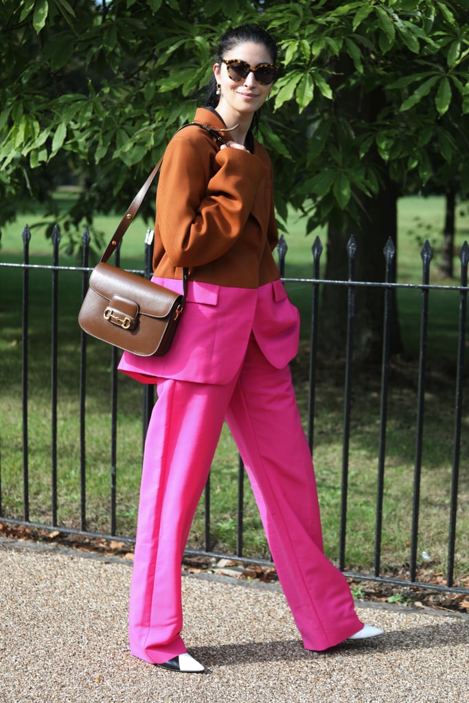 Caroline Issa gave us a whole color story with this two-tone brown and fuchsia look.