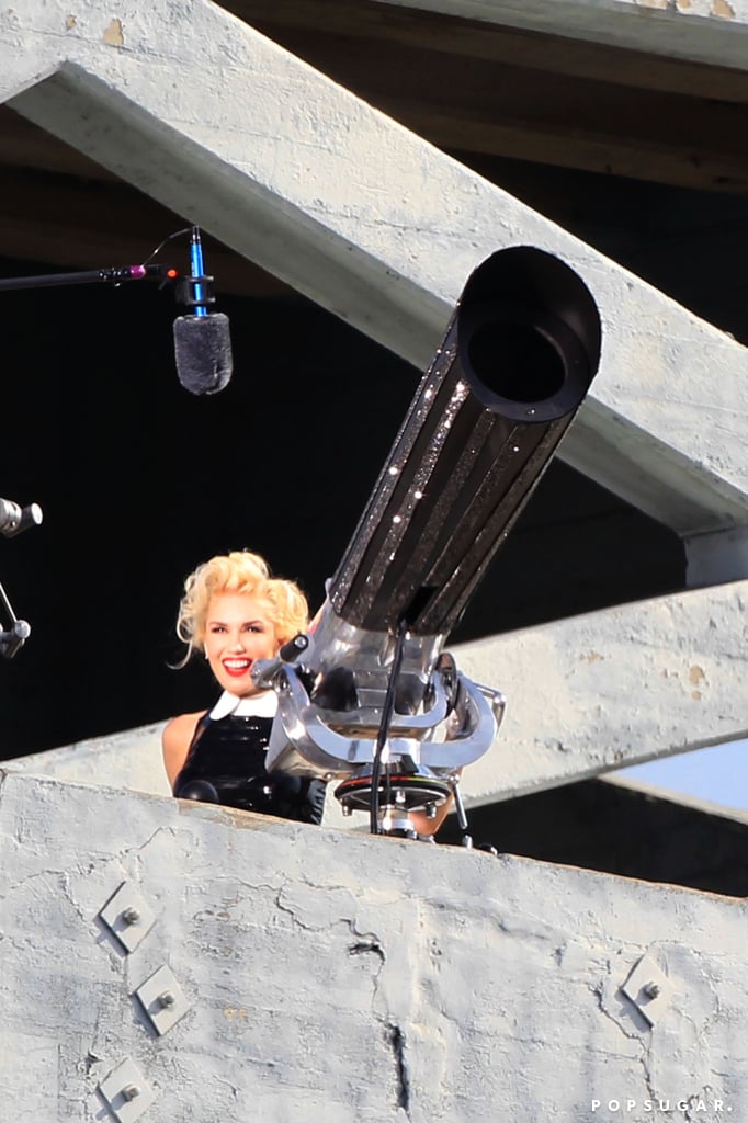 Gwen Stefani's hair was styled as she filmed a commercial in LA on Friday.
