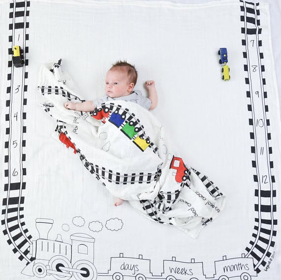 baby trains milestone blanket