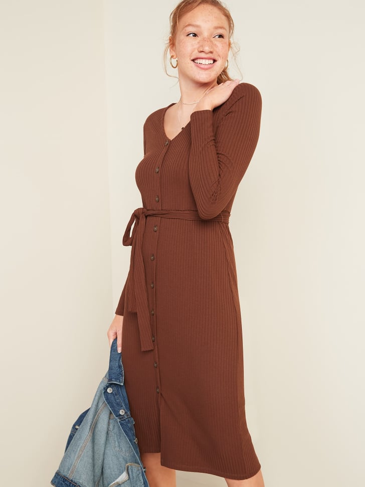 Old Navy WaistDefined RibKnit TieBelt Midi Dress Best LongSleeved