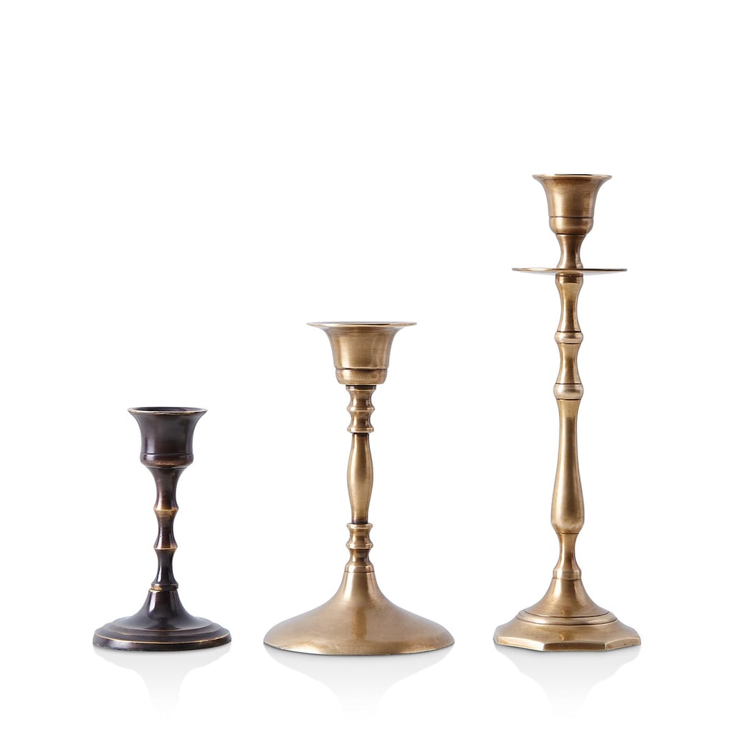 Vintage-Inspired Mixed Brass Candlesticks ($90 for set of 3)