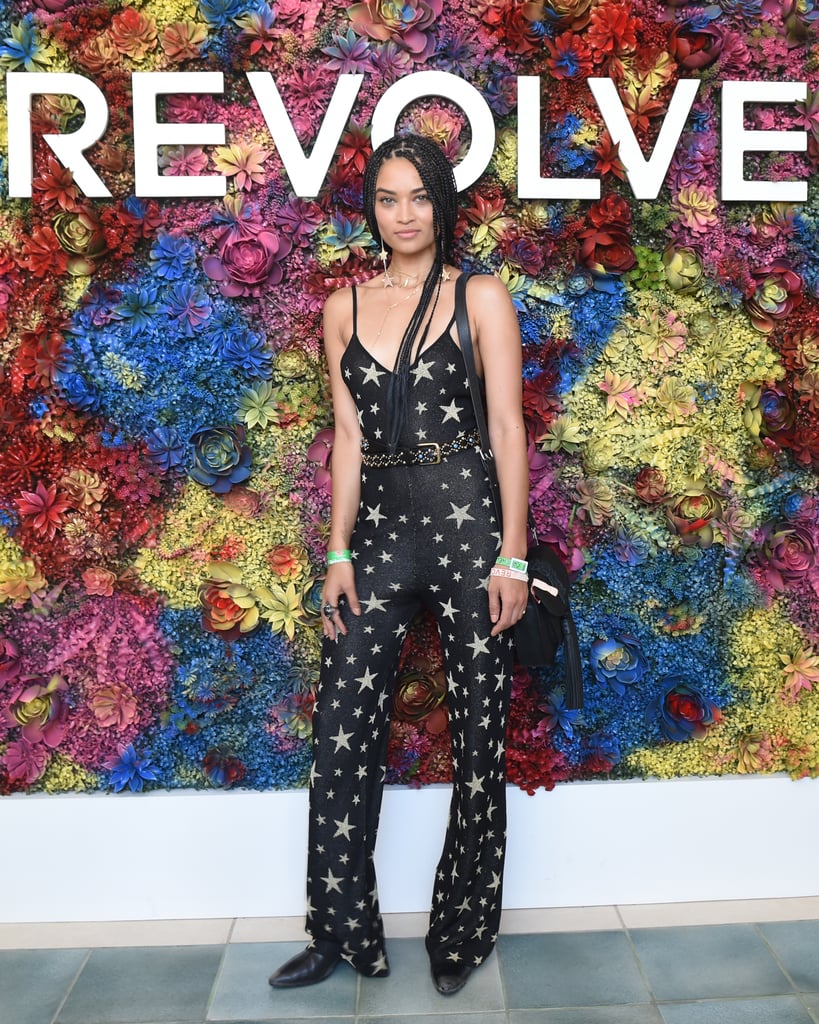 Shanina Shaik wearing a star-printed jumpsuit at the Revolve Festival party. 
