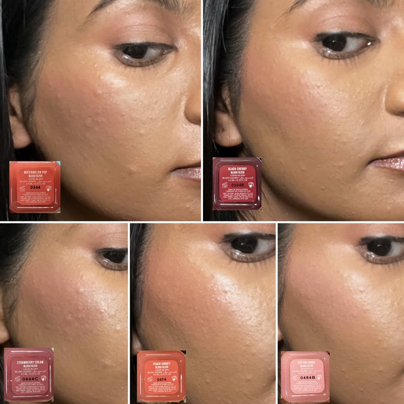 Swatches of the five shades of the Huda Beauty Blush Filter Soft Glow Liquid Blush.
