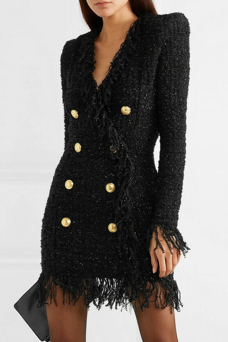 Rosedress Metallic Button Embellished Long Sleeve Fringed Tweed Minidress