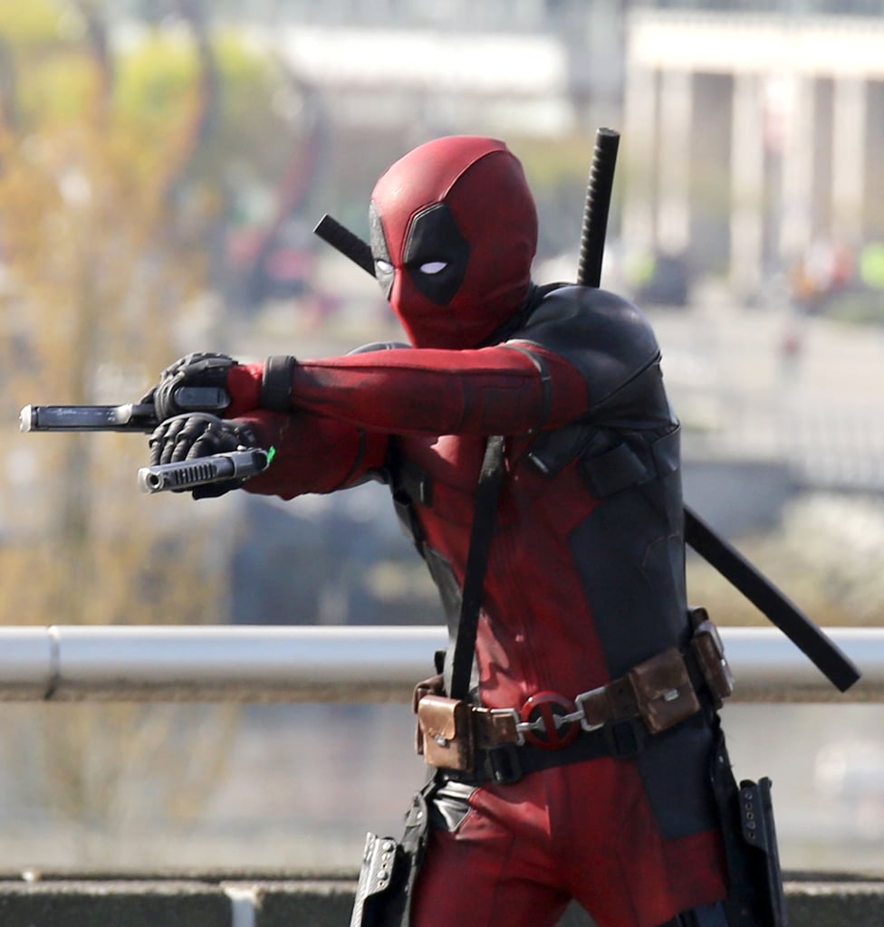 Here he is in his Deadpool costume! | Deadpool Set Pictures With Ryan Reynolds | POPSUGAR ...