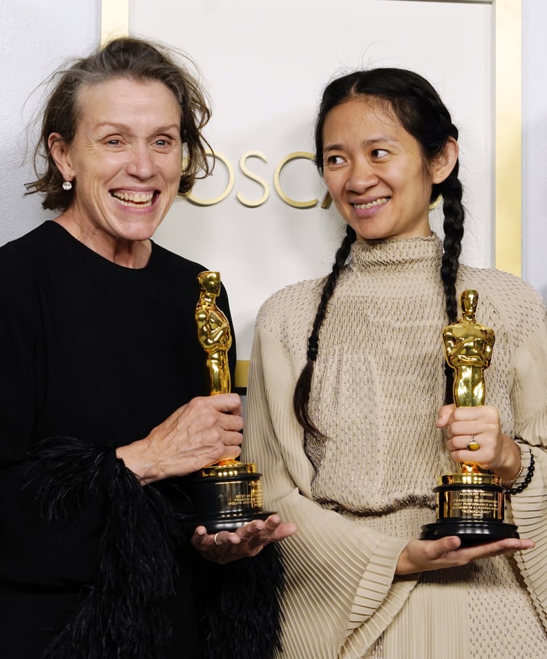 LOS ANGELES, CALIFORNIA - APRIL 25: Frances McDormand and Chloe Zhao, winners of Best Picture for 