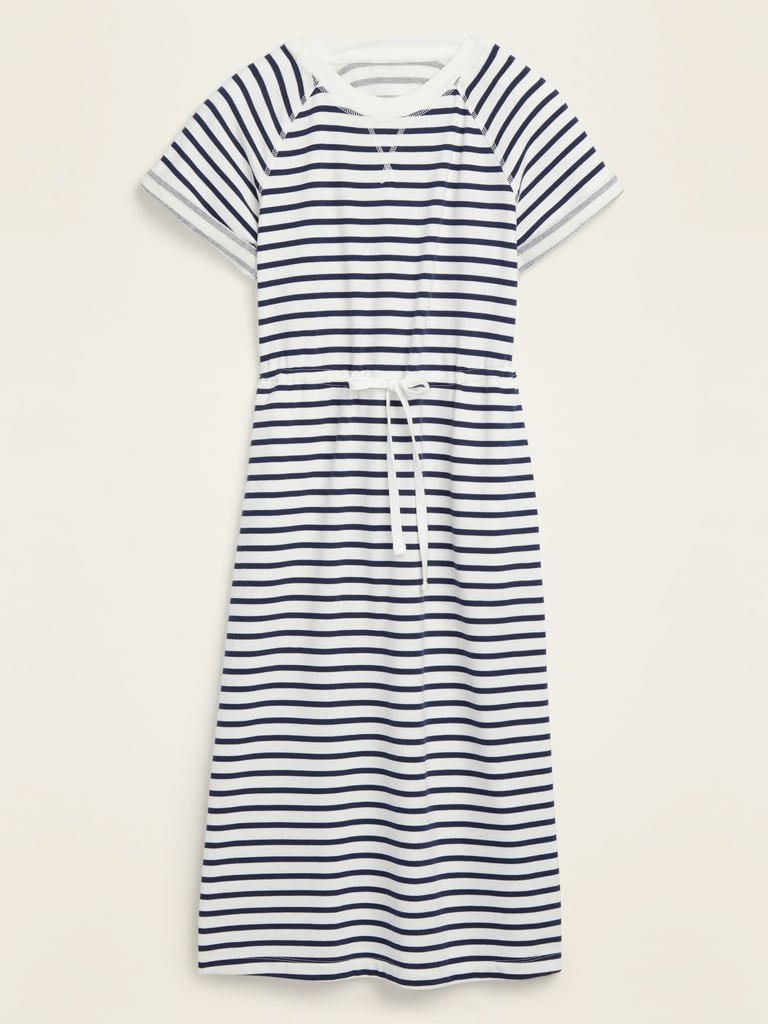 Waist-Defined Striped French Terry Midi Dress