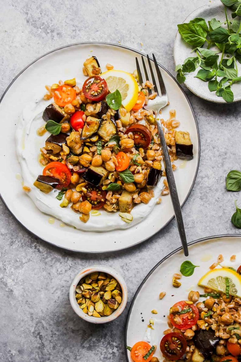 Eggplant and Chickpea Salad With Farro and Lemon-Mint Yogurt