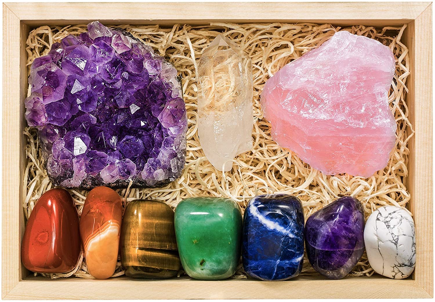 Pendulum natural crystal quartz with 7 Chakra stones & holding heart bead 9 inch 