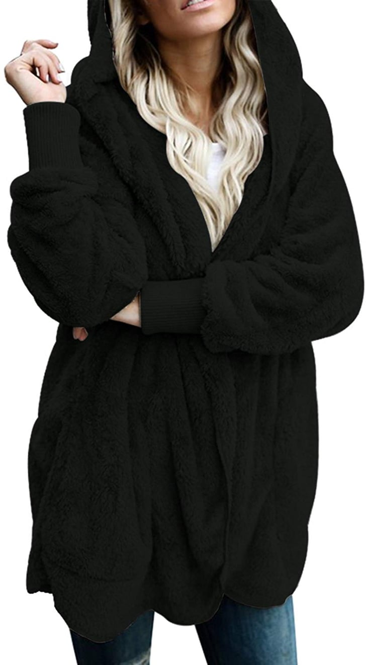 Dokotoo Fuzzy Fleece Open-Front Hooded Cardigan in Black | Fleece