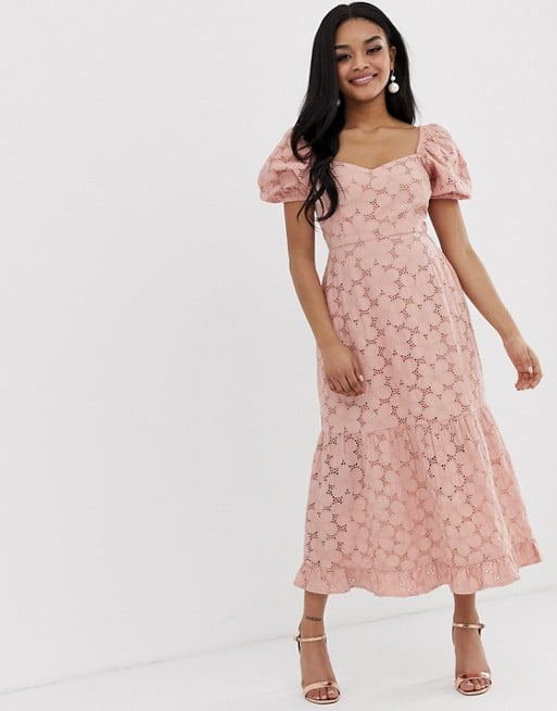 ASOS Design Petite Broderie Maxi Dress With Sweetheart Neckline and Puff Sleeves
