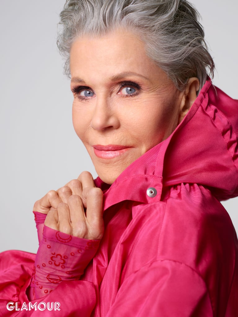 Jane Fonda in a Marine Serre jacket and top for Glamour.