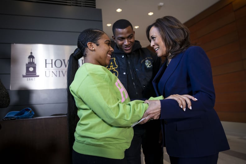 WASHINGTON, DC - JANUARY 21: Sen. Kamala Harris (D-CA) speaks to Amos Jackson III, Executive President of the Howard University Student Association, and Mara Peoples, Executive Vice President, after announcing her candidacy for President of the United Sta
