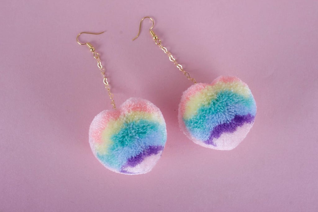 Pastel Rainbow Heart Pom Earrings