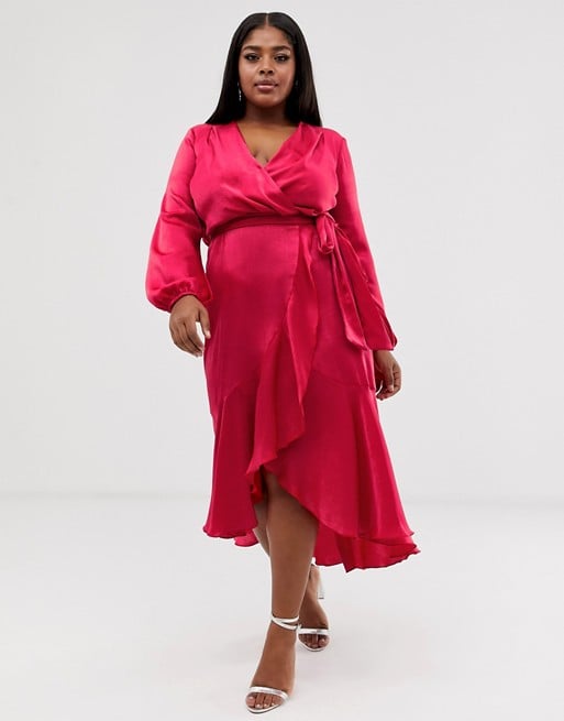 Flounce London Plus wrap front midi dress with flutter sleeves in red satin  - ShopStyle