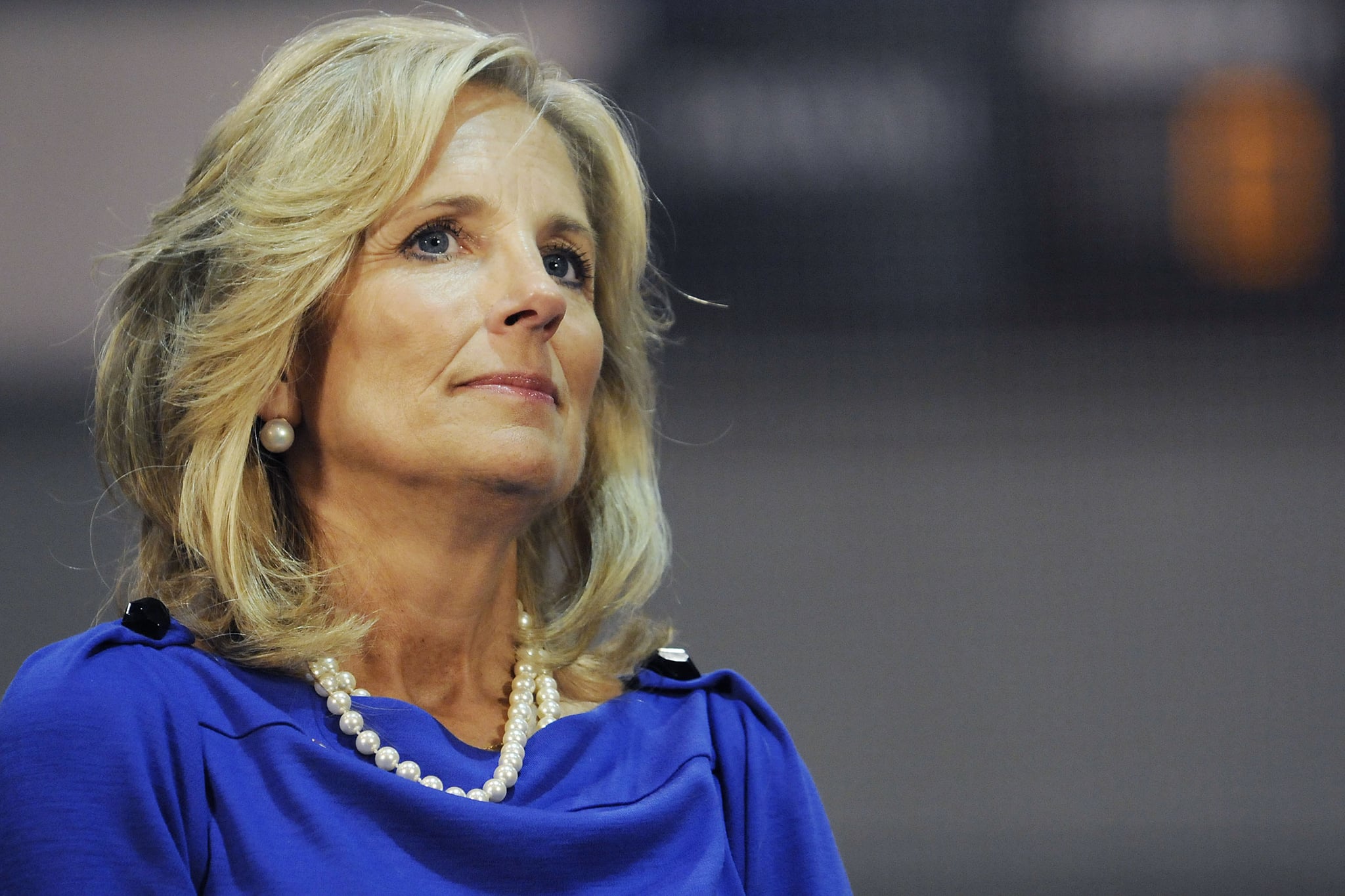 SCRANTON, PA - OCTOBER 12:  Dr. Jill Biden listens in at a rally in support of Democratic presidential nomineee U.S. Sen. Barack Obama (D-IL)October 12, 2008 in Scranton, Pennsylvania. (Photo by Jeff Fusco/Getty Images)