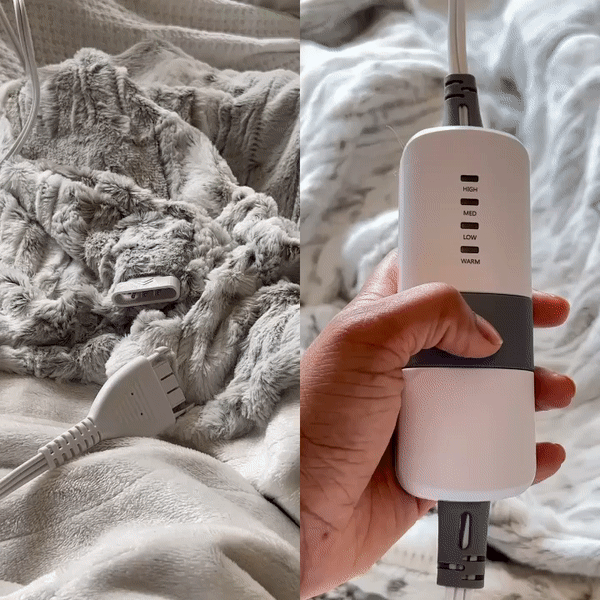 Gif of the Threshold Faux Fur Electric Throw Blanket in use. Right side shows how to plug in the blanket to the controller and electrical cord. Left side shows the controller operations including the four heat levels.