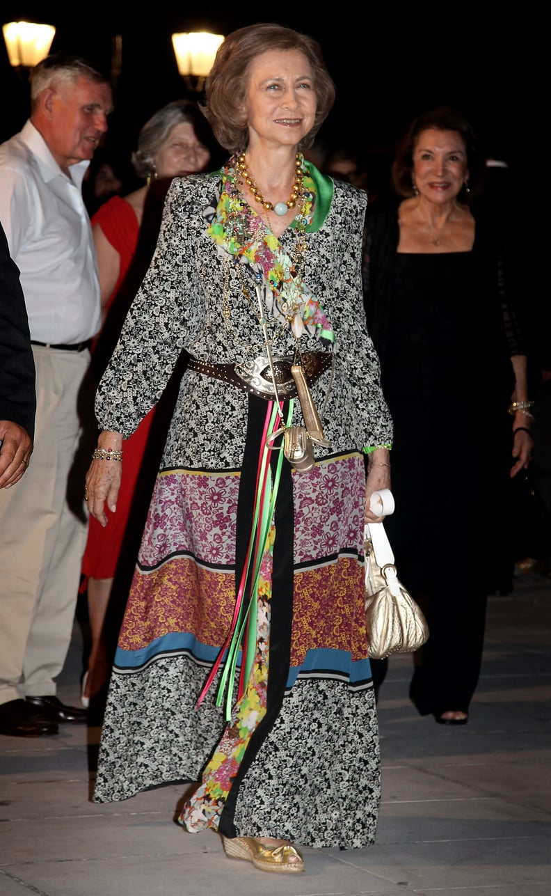 Queen Sofía in a Multicolored Dress, August 2010