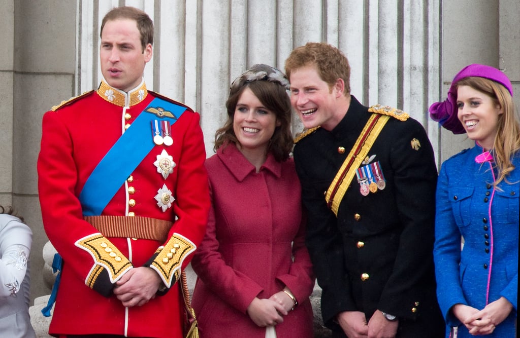 With her sister, Princess Eugenie, and cousins Prince William and Prince Harry during Trooping the Colour in 2012.