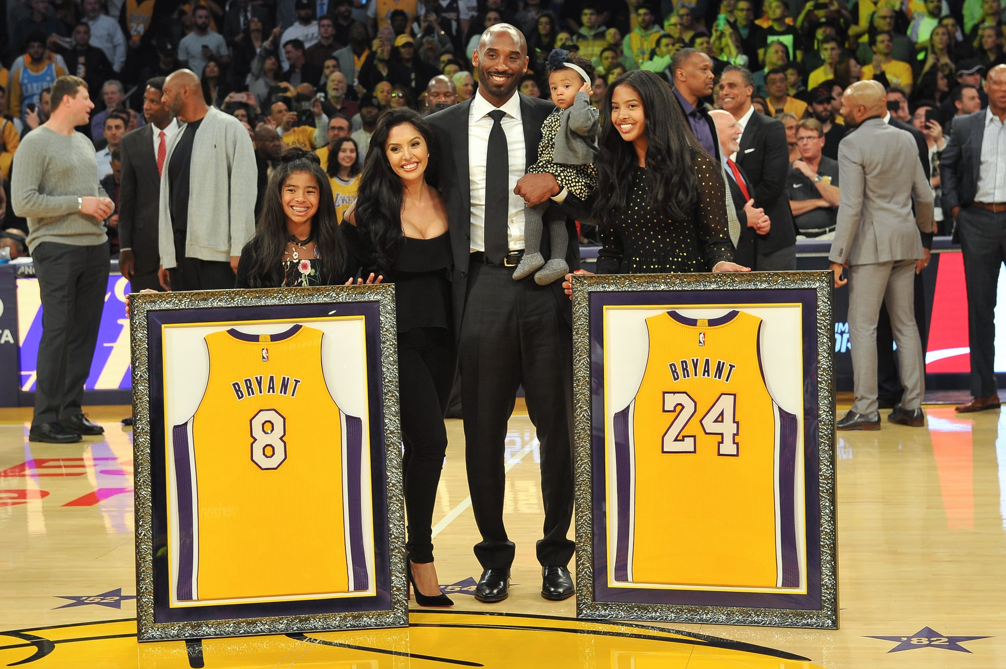 LOS ANGELES, CA - DECEMBER 18: Kobe Bryant, wife Vanessa Bryant and daughters Gianna Maria Onore Bryant, Natalia Diamante Bryant and Bianka Bella Bryant attend Kobe Bryant's jersey retirement ceremony during halftime of a basketball game between the Los Angeles Lakers and the Golden State Warriors at Staples Center on December 18, 2017 in Los Angeles, California.  (Photo by Allen Berezovsky/Getty Images)