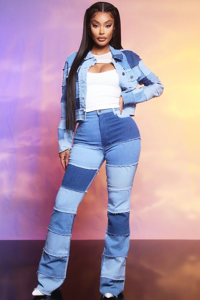 Megan Thee Stallion x Fashion Nova Patchwork Wonderland Bootcut Jeans — Blue/Combo