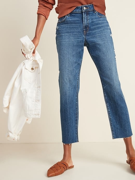 Mid-Rise Distressed Boyfriend Straight Jeans