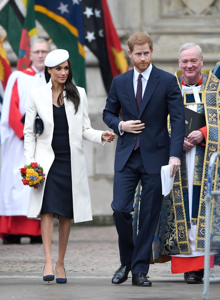 Prince Harry once again turned to blue when he attended the 2018 Commonwealth Day service in London. Meghan wore a matching Amanda Wakeley dress with a cream coat from the same brand, and she accessorized her outfit with a custom Stephen Jones hat, a small Mulberry satchel, and suede Manolo Blahnik pumps.