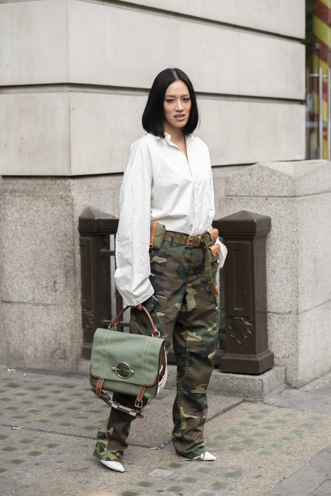 Temper a camo-print cargo pant with a classic white button-down.