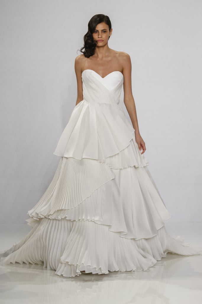 Pleated strapless gown.