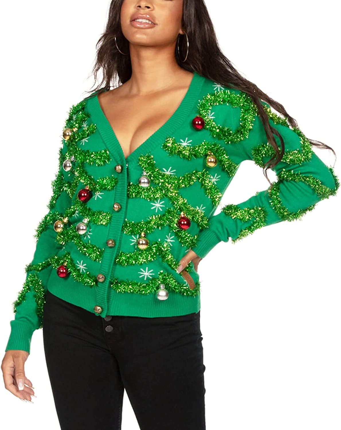 TUNUSKAT Womens Christmas Sexy Green Sweaters 2022 Low Cut Off