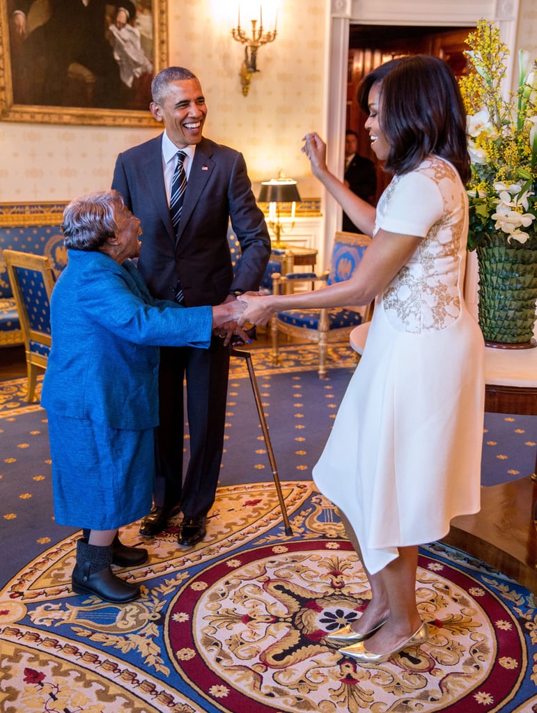 Michelle Obama Wears a White Lace Dress to Meet 106-Year-Old